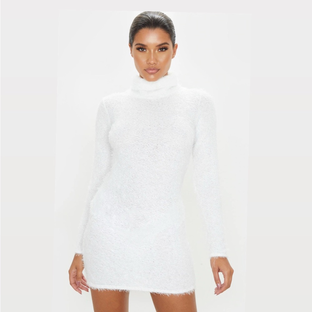PrettyLittleThing White Fuzzy Long Sleeve Dress